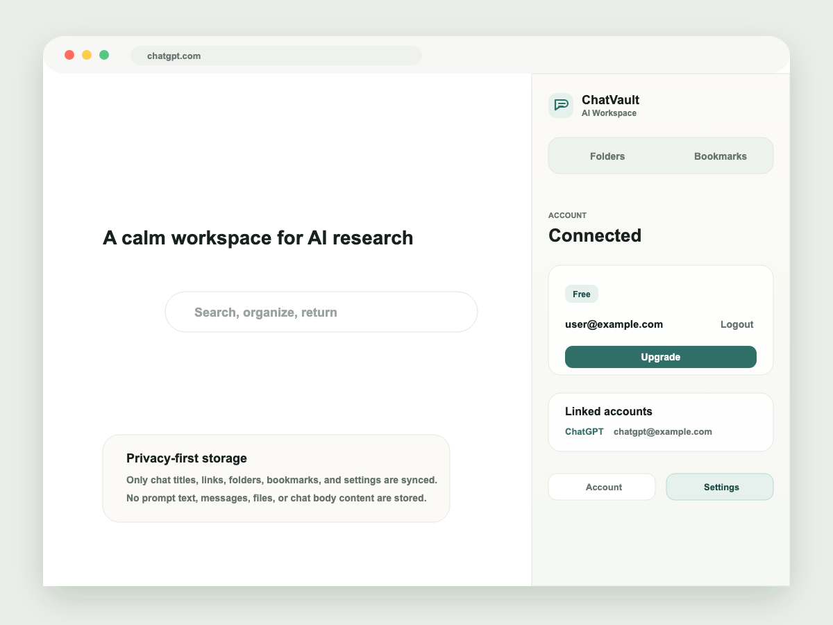 ChatVault AI account and settings screen