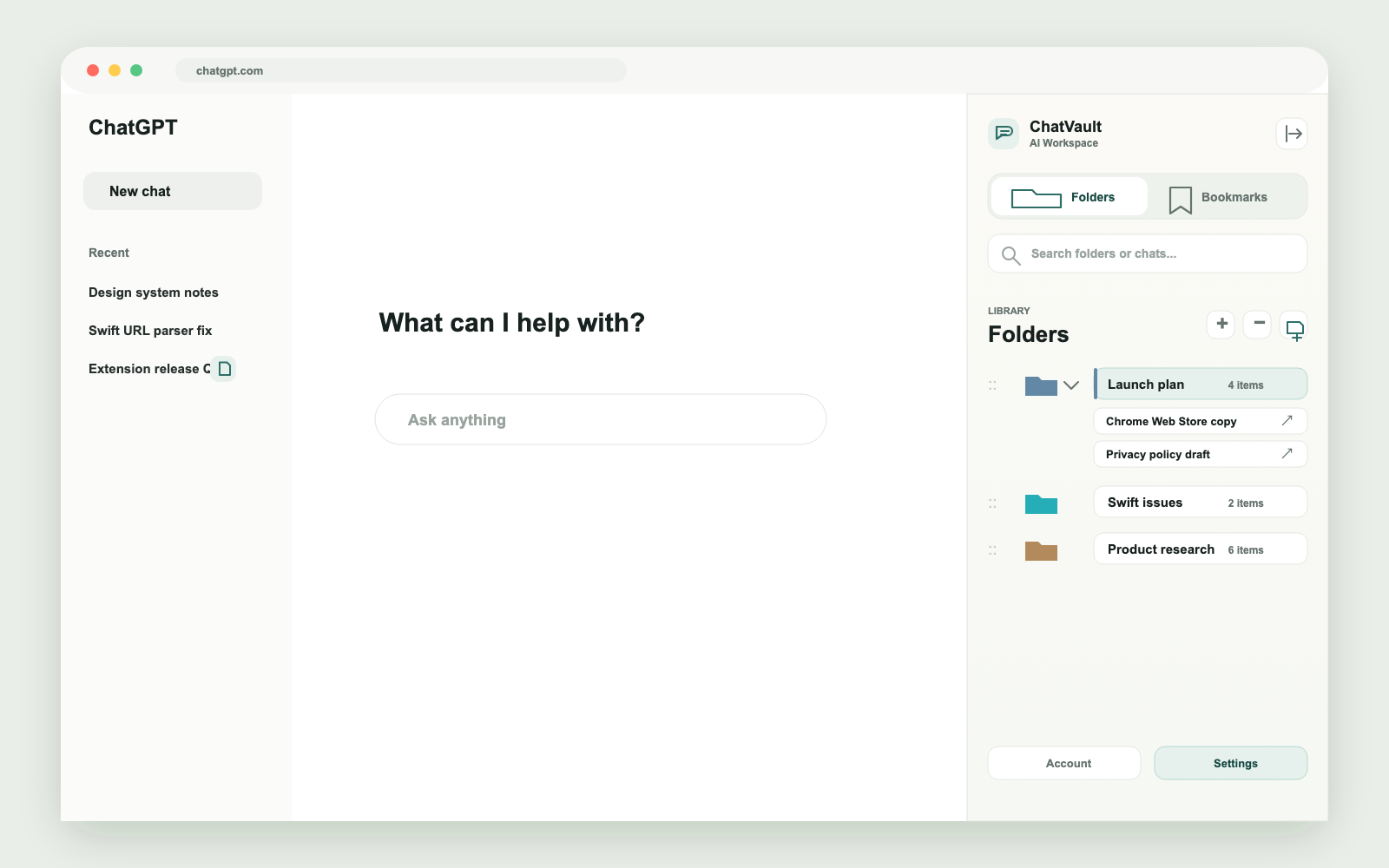 ChatVault AI folders interface inside ChatGPT
